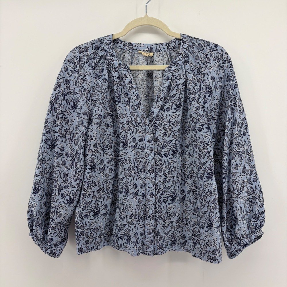 ANA A NEW APPROACH Blue Floral Print Button Front Peasant Blouse Womens Small